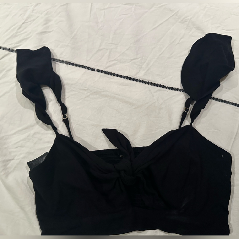 GUESS Womens Charissa Black Off-the-shoulder Knot-front Crop Top XS $58 - Picture 5 of 10
